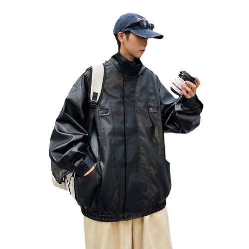Vintage Hong Kong Style Collar Biker Jacket  New Retro Casual Cool Loose Collar Black Leather Jacket for Men