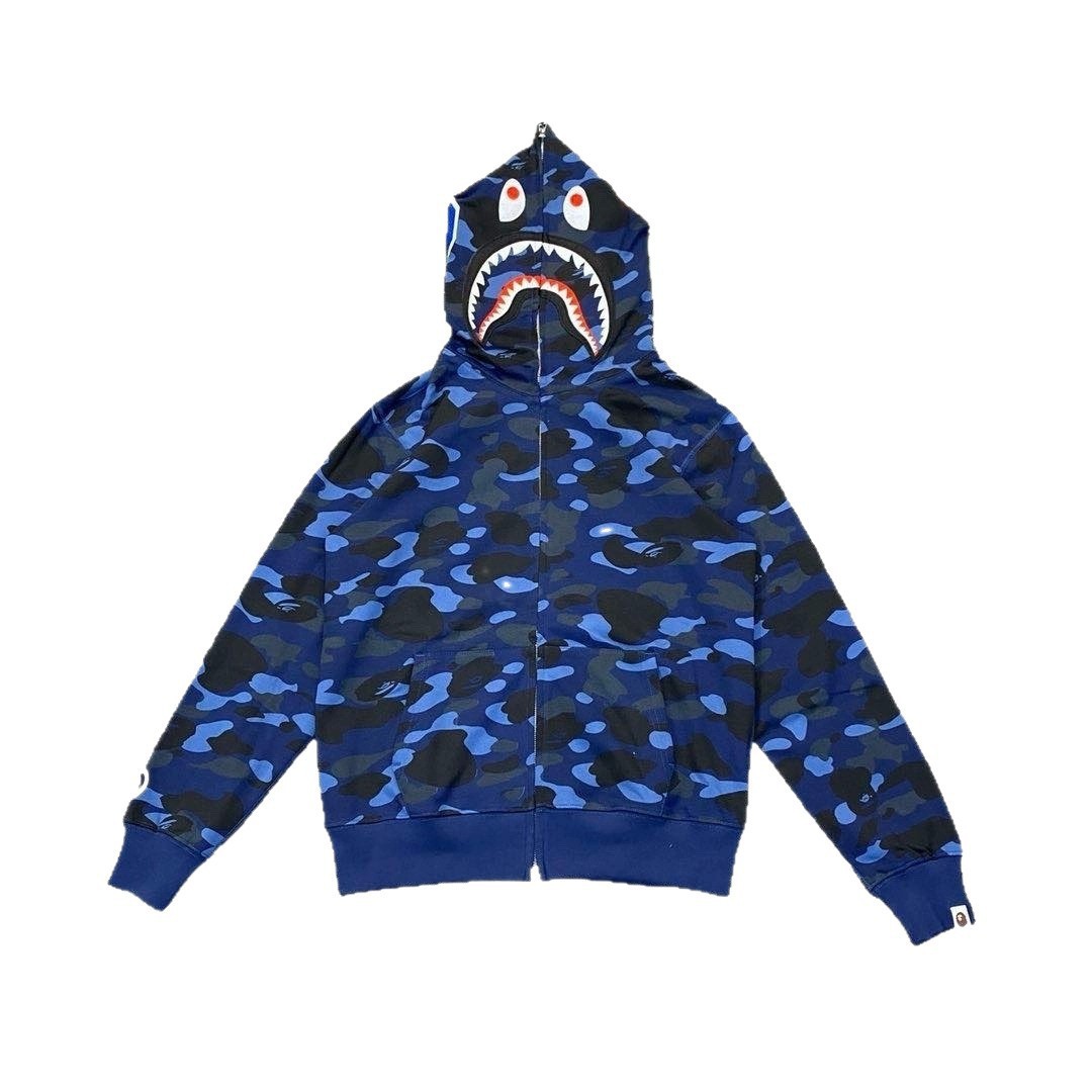 潮牌BAPE鲨鱼迷彩拉链卫衣男女情侣款宽松潮流加绒连帽开衫外套男 5