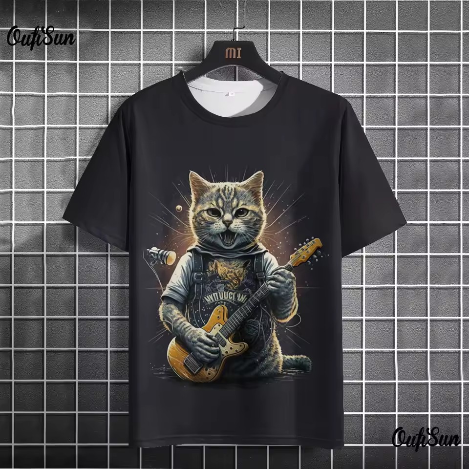 Tinta Jianghu Cat Dog Hero 3D Impresión digital Spot Moda callejera para hombres Camiseta de manga corta con cuello redondo y hombro