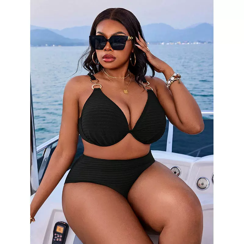 亚马逊大码泳装2025新款跨境欧美纯色性感分体泳衣女胖妹妹比基尼