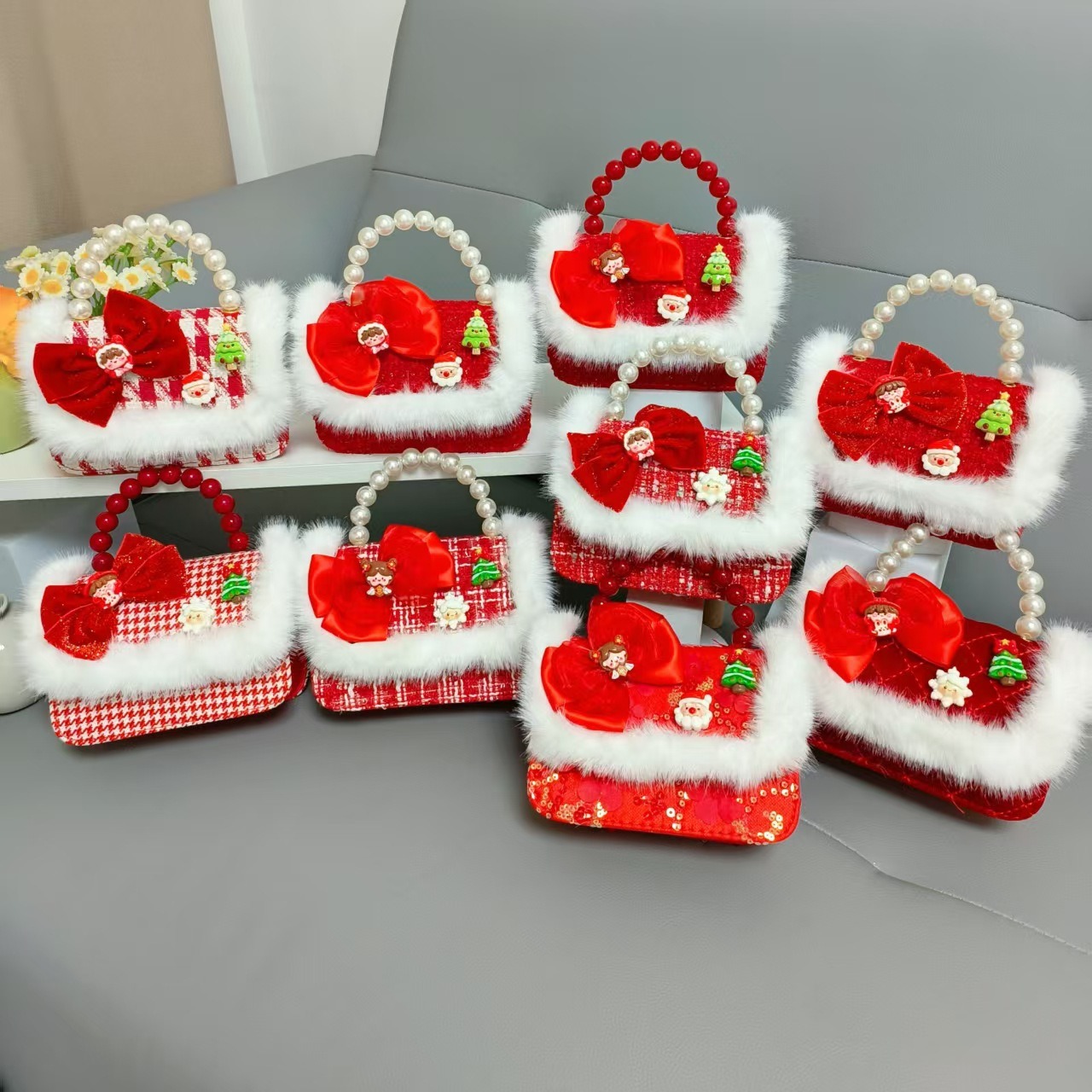 Cartera de Año Nuevo rojo arco de papá Noel bolso de perla pequeña cadena de viento fragante bolso de hombro