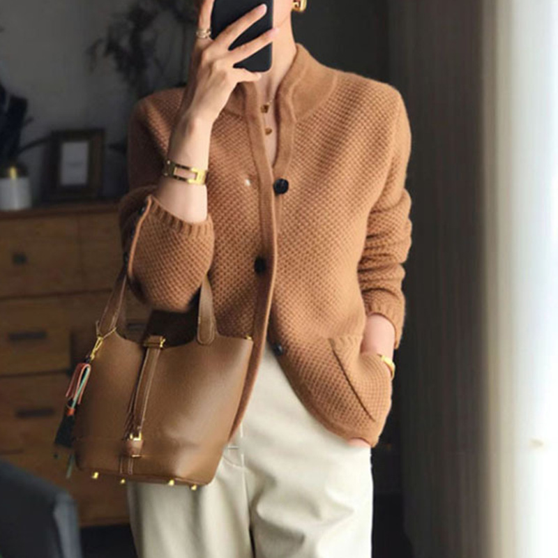 Women's Clothing loose knitted bottoming shirt jacket women's knitted cardigan stand up collar sweater_voghion.com