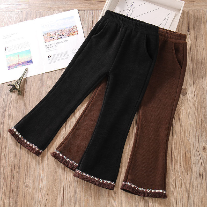 소녀 바지 겨울 기모 두꺼운 따뜻한 인터넷 빨간색과 검은 색 다크 브라운 서양식 겨울 한 조각 양털 바지 중 큰 어린이 용 바지