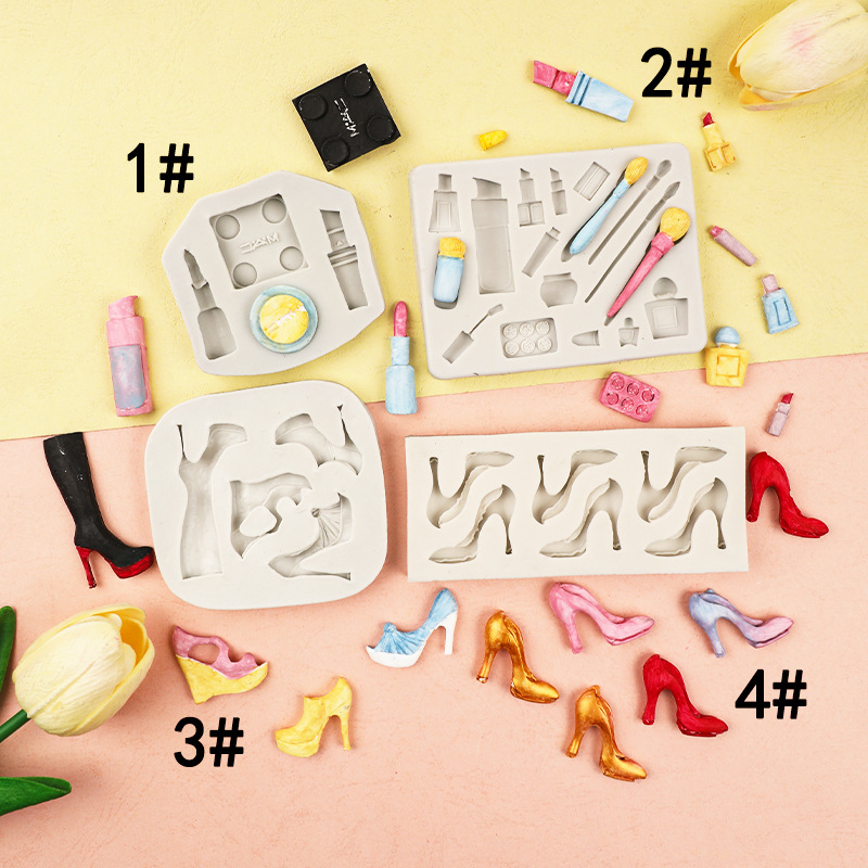 Herramientas de maquillaje moda tacones altos molde lápiz labial sombra ojos cepillo rubor DIY chocolate fondant arcilla