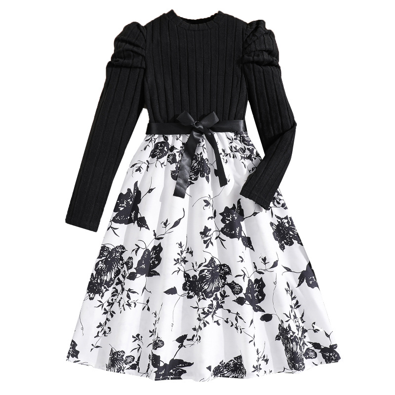 Mädchen Kleid Herbst Neue Langarm Gestrickte Spleißen Gedruckt Prinzessin Rock Kleine Duftenden Stil Kinder Kleidung_voghion.com