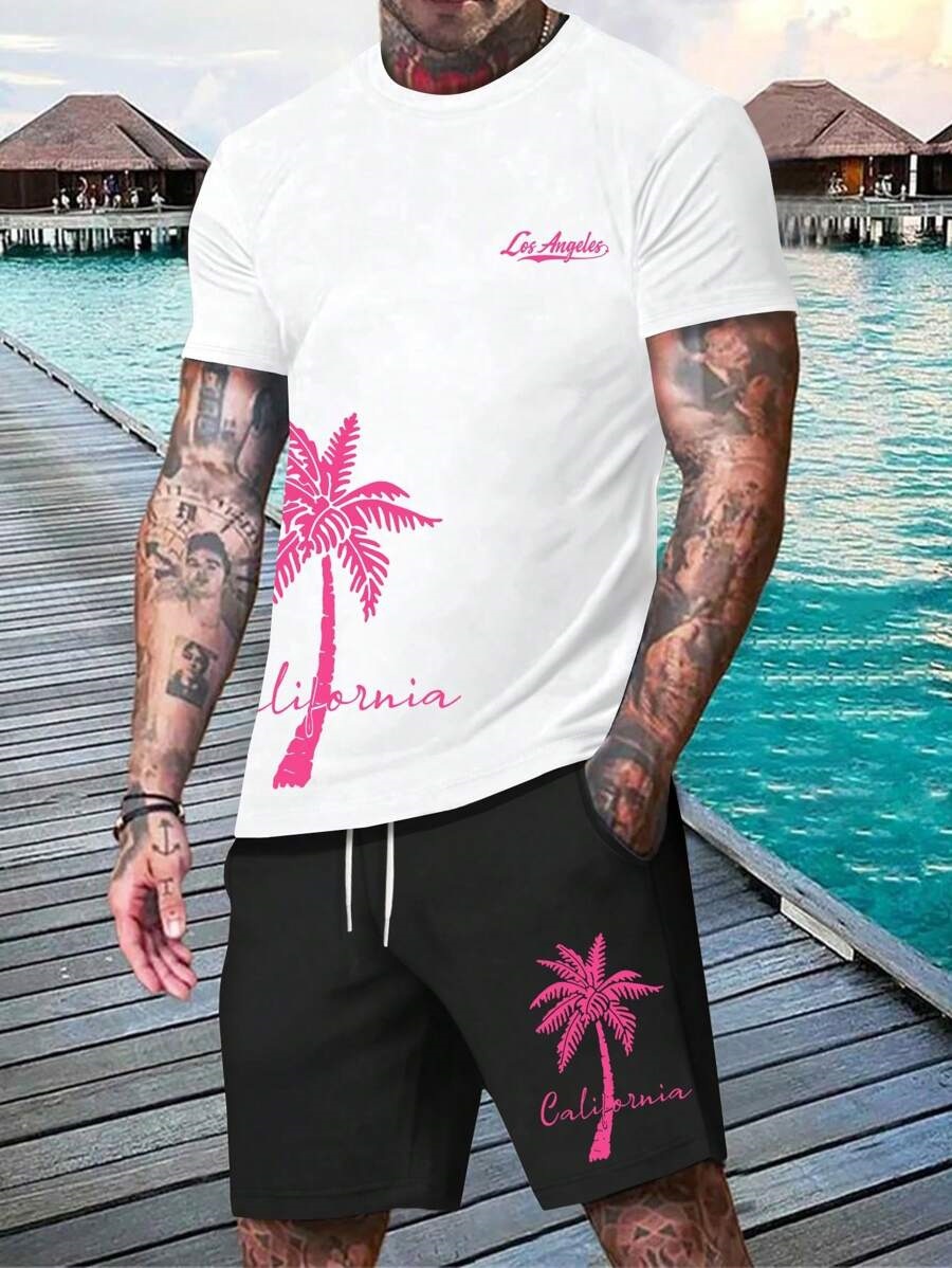 Coconut Tree Lema Graffiti 3D Impresión digital Traje de hombre Camiseta Traje de hombre Cuello redondo Pantalones cortos con cordón de manga corta