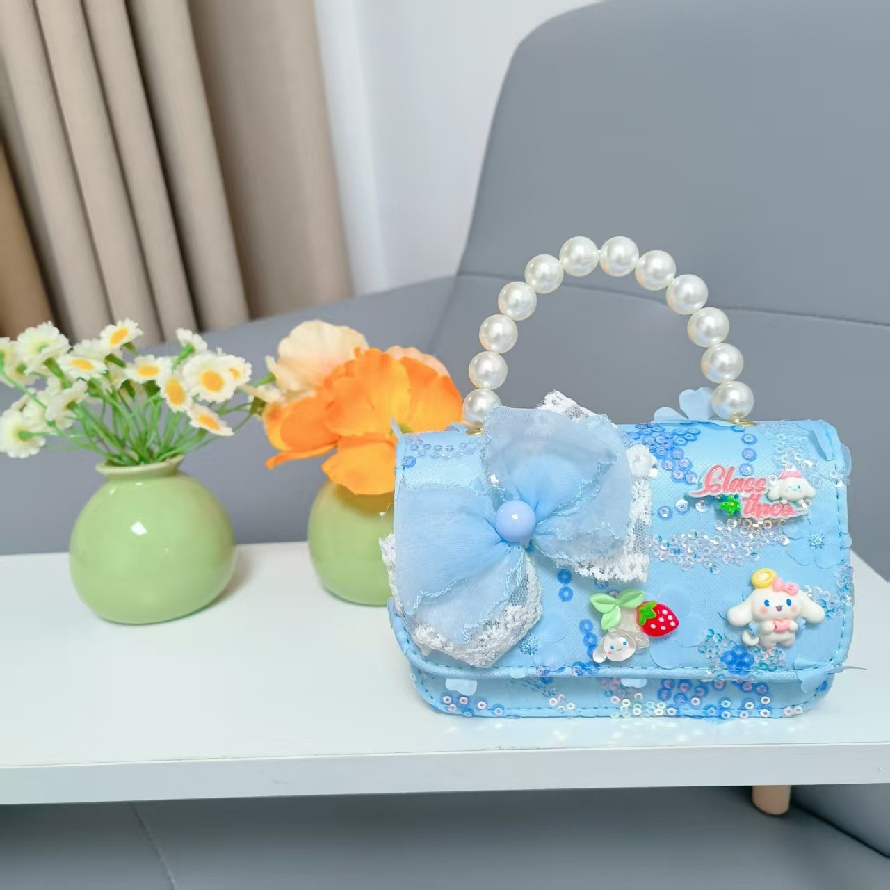 Niños perlas bolsos portátiles de princesa bolsos de cinturón de viento fragante bolsos de Año Nuevo de chicas bolsos de arco de cadena bolsos pequeños