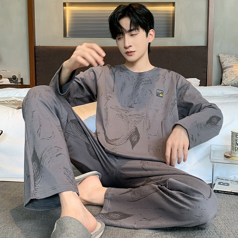 Pijama de algodón masculino primavera y otoño rayas cómodo color sólido delgado casual suelto pantalones largos de mangas largas set de ropa para el hogar