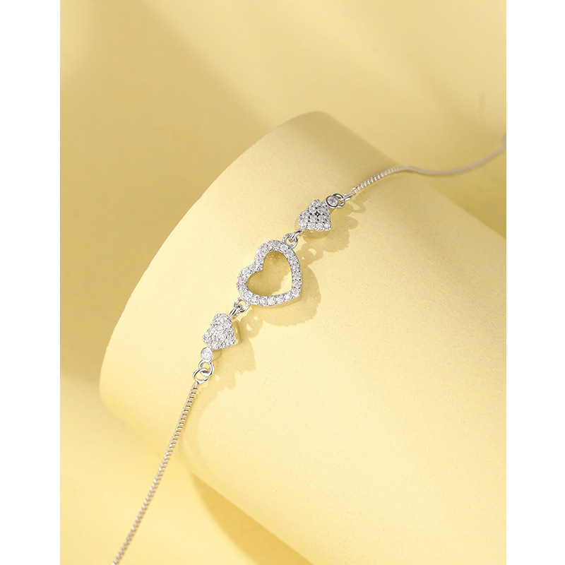 S925 plata esterlina en forma de corazón hueco pulsera femenina estilo coreano moda simple circón micro-incrustaciones pulsera estudiante novias joyería de la mano