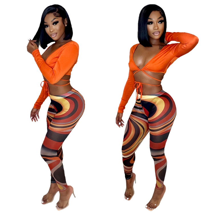 plus size solid color V-Neck Tight Top printed Pants Two-piece Set NSCYF122396