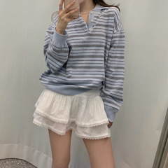 インスタ韓国婦人服高品東大門2025春ストライプ折り襟小tレトロミルクブルー可愛いニット