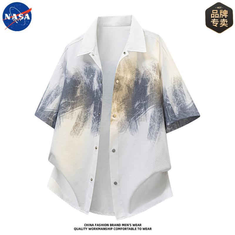 Nasa Brand High-Quality Tie-Dye Short-Sleeved Lapel Shirt for Men, Summer Design, Cool, Breathable, Loose-Fitting Shirt