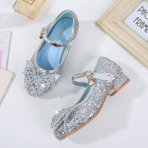 Factory direct supply of new girls' leather shoes, princess shoes with snowflake cartoon children's shoes, sequined crystal children's shoes