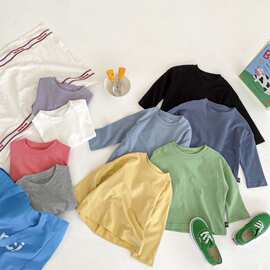 春季新款儿童长袖T恤打底衫 纯色男女磨毛棉宝宝圆领童装上衣