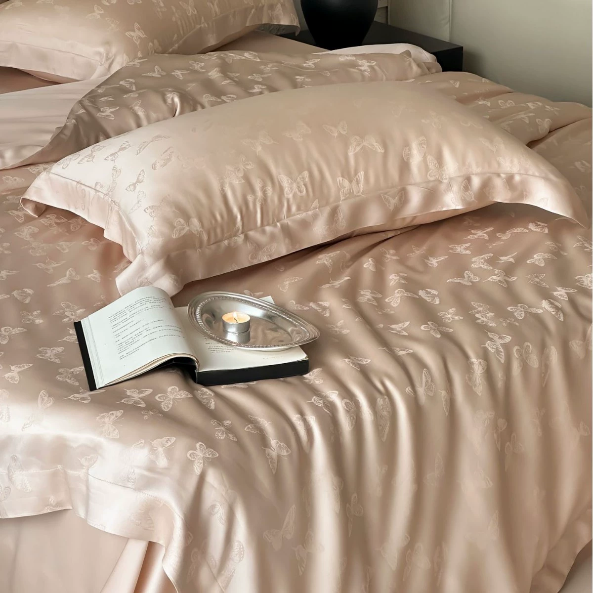 Элегантное и эластичное волокно Lyocell Tencel четырехцветный романтичный бабочковый жаккардовый летний безглазый спальный комплект постельного белья