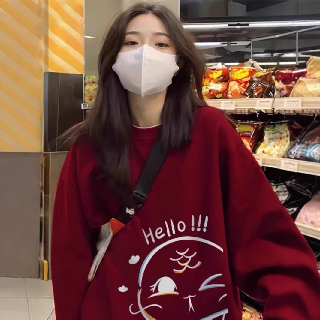 크루 넥 스웨트 셔츠 여성용 가을과 겨울 벨벳 코트 2025 년 스네이크 버건디 루즈 탑