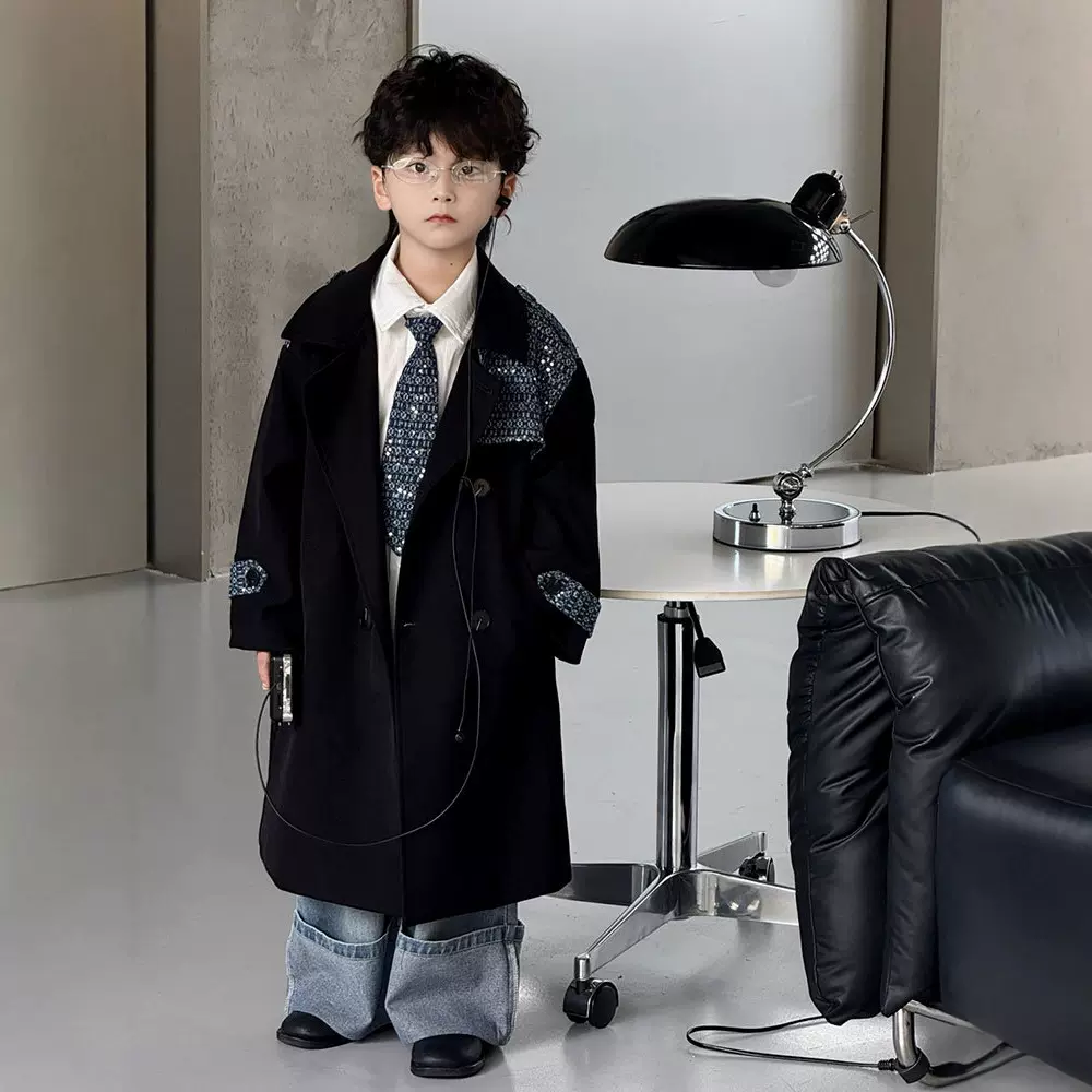 男童风衣2025秋冬新款韩版拼接亮闪大衣儿童长款外套童装一件代发