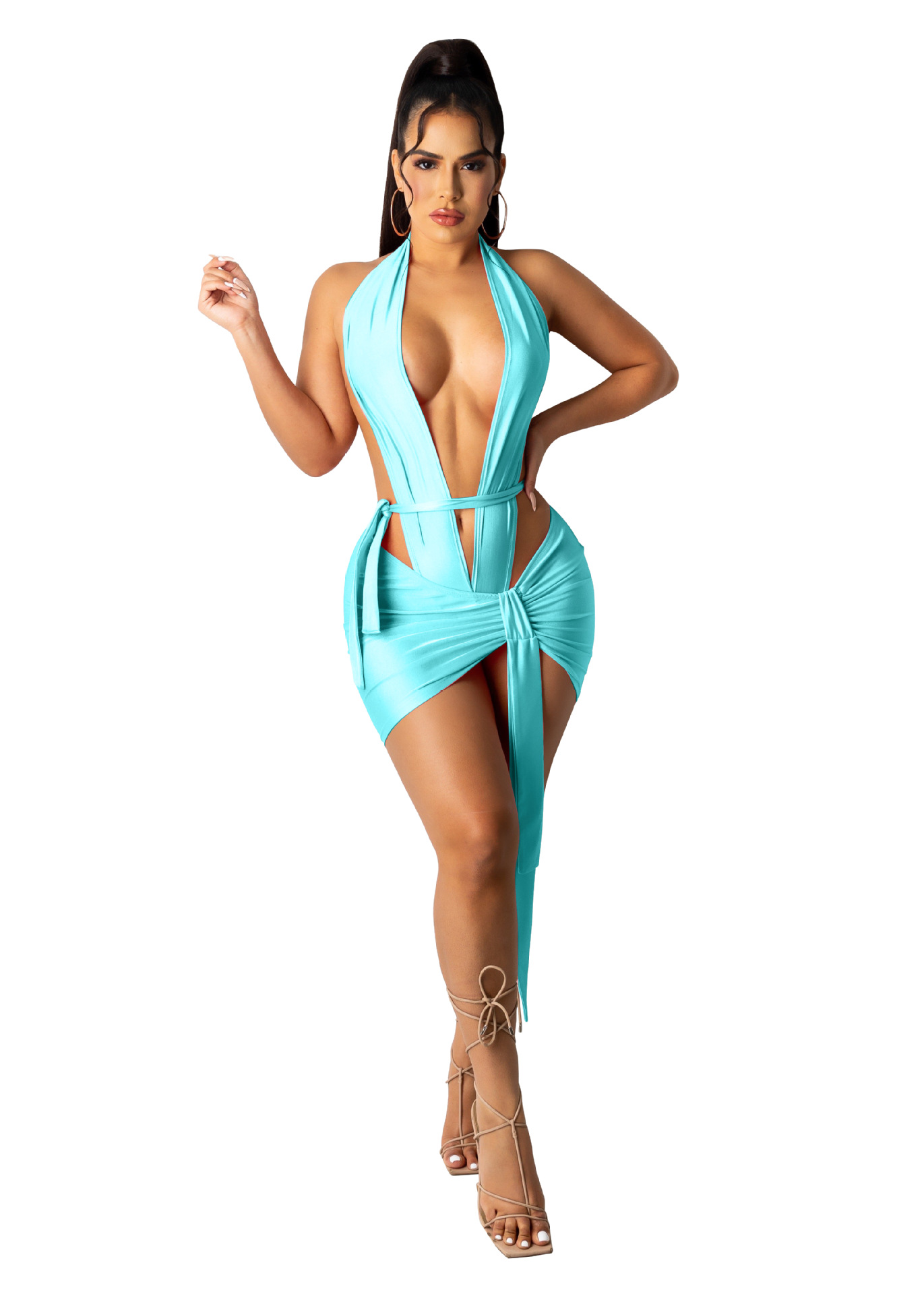 V-Neck Tie Bodysuit 2 Piece Set NSTYF72882