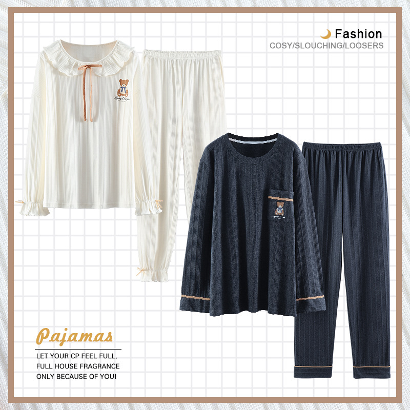 Pareja pijamas de algodón manga larga Otoño e Invierno traje los hombres color sólido flojo ocasional más tamaño vestir prendas exteriores homewear