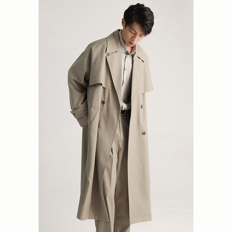 2026 Spring Men's Long Trench Coat, College Style, Turn-Down Collar, Shawl-Style, Casual Double-Breasted, Loose Fit Trench Coat Jacket