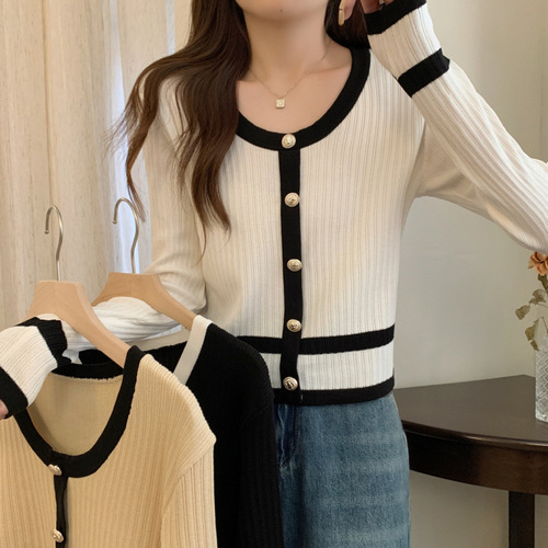Knitted shirt women's spring new style niche contrasting color chanel style long-sleeved slimming retro all-matching temperament socialite clothes