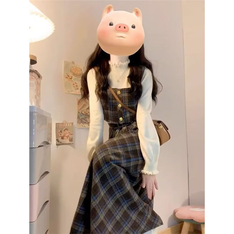 小香学院风格子背带连衣裙子女秋冬季2025新款小个子穿搭套装长裙|undefined