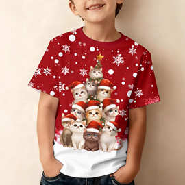 跨境爆款儿童T恤圣诞节3d印花圆领短袖上衣新款儿童T恤厂家直销