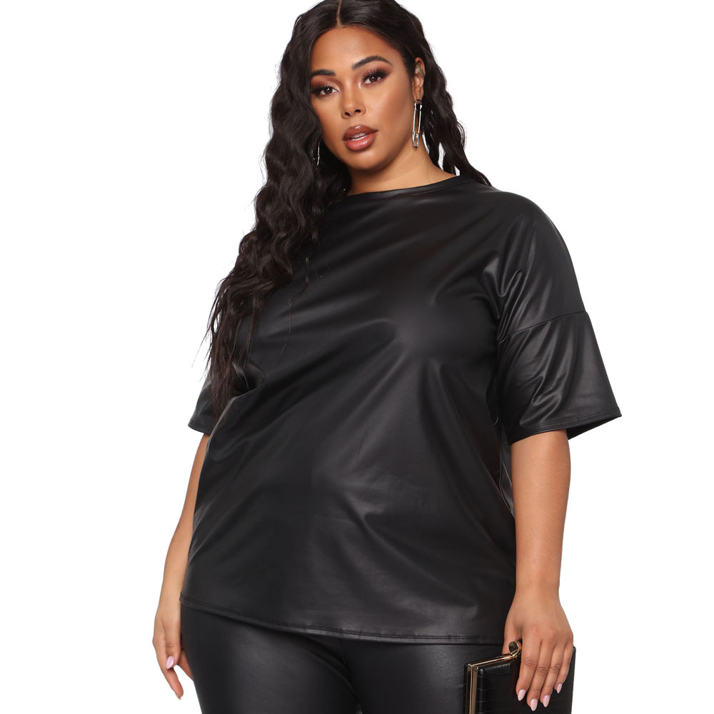 Plus Size Solid Color Leather Short-Sleeved Top Slim Trousers Lounge Set NSYMA81695