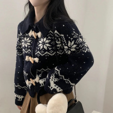 欧美跨境2024春季女装女式针织衫文艺复古北欧风牛角扣雪花毛衣