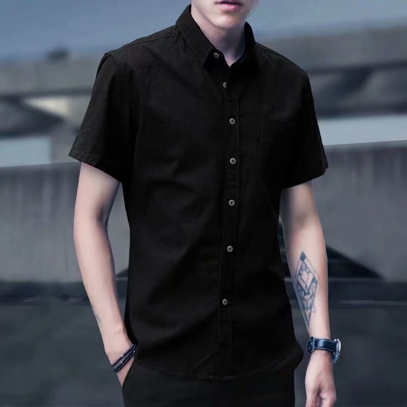 Short-Sleeved Shirt Men's Summer New Korean Style Casual Top Men's Three-Quarter Sleeve Oxford Textile White Shirt Inch Trendy