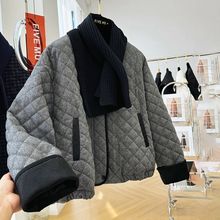 韩系毛呢夹棉菱格短款棉服女冬季新款宽松休闲保暖夹克外套潮薪