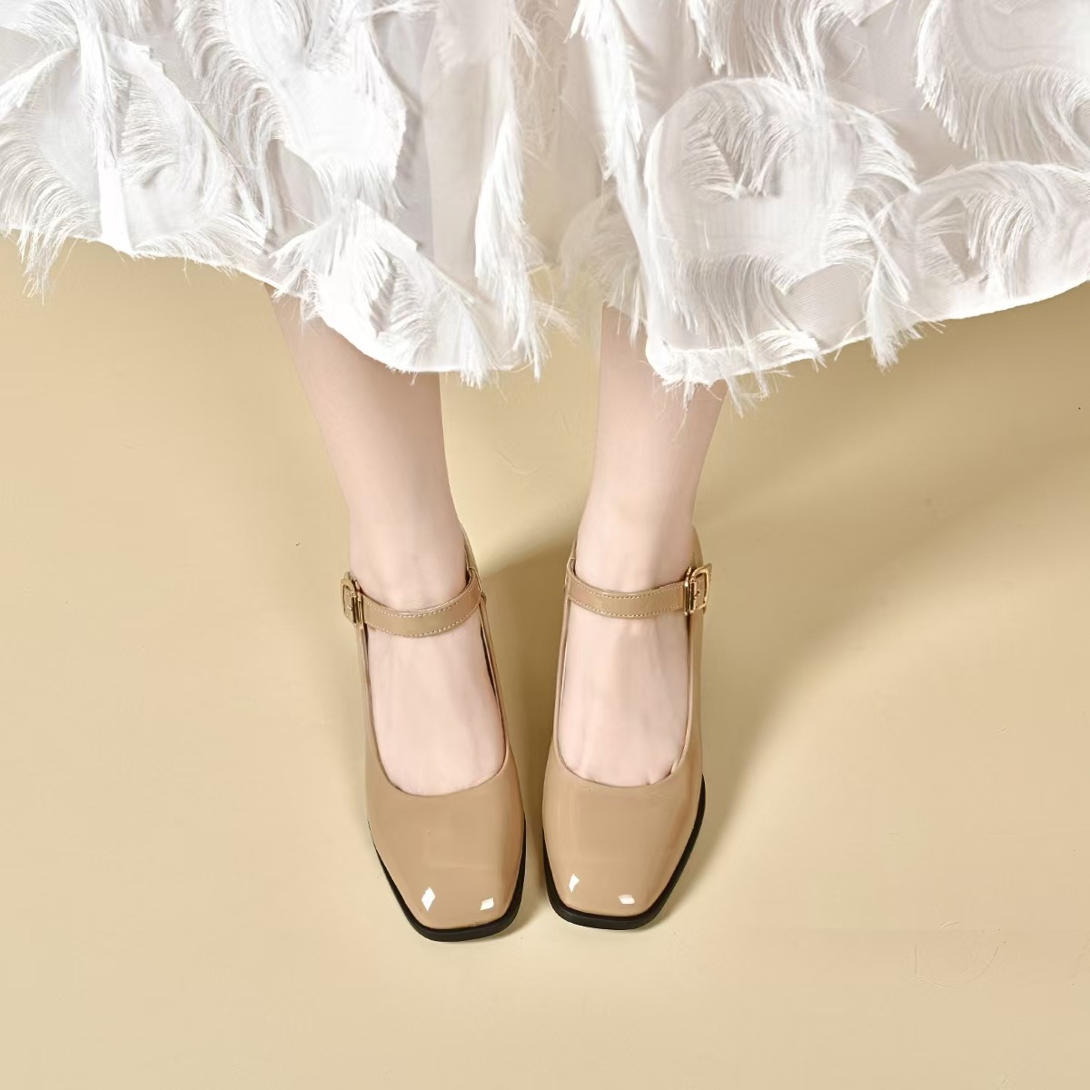 Sandal nữ da bóng mũi vuông quai ngang gót 5 cm — Màu đen cao gót 5 cm chi tiết 9