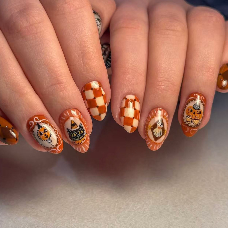 Halloween Short Oval Cartoon Pumpkin Ghost Bat Black Cat Pattern Design Wearable Nail Art Nail Tips Halloween Short Oval Cartoon Pumpkin Ghost Bat Black Cat Pattern Design Wearable Nail Art Nail Tips