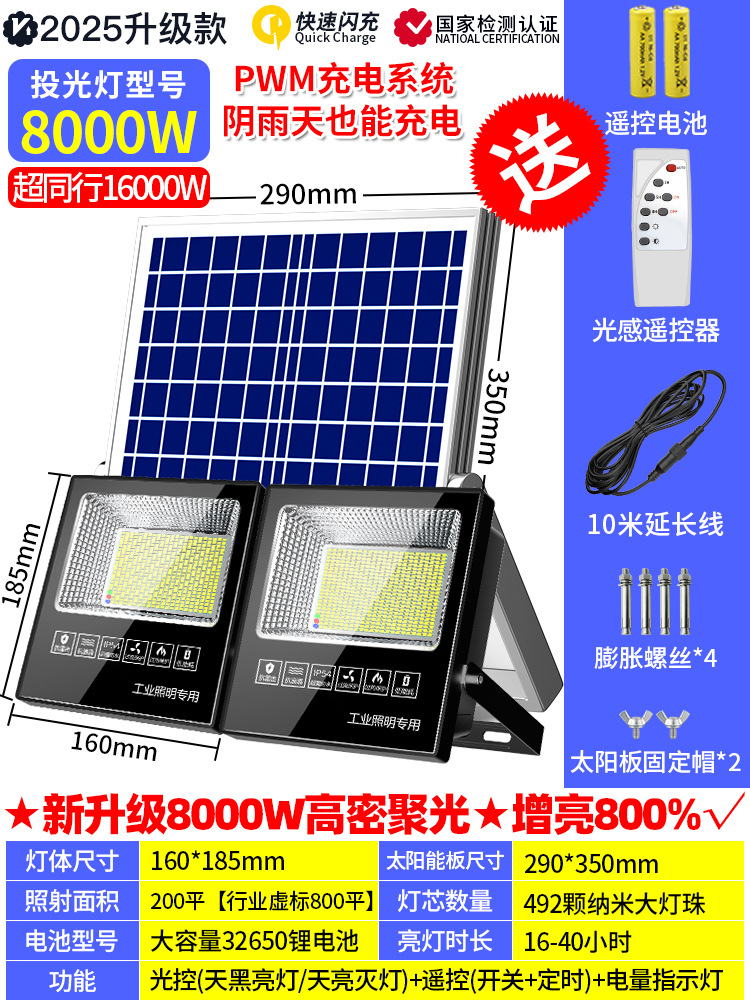 8000W [램프구슬 492개] 2개용 1개, 어두워지면 자동으로 켜짐(조명제어+리모컨+타이밍) 10m 충전케이블 ★ 10년 보증-0W