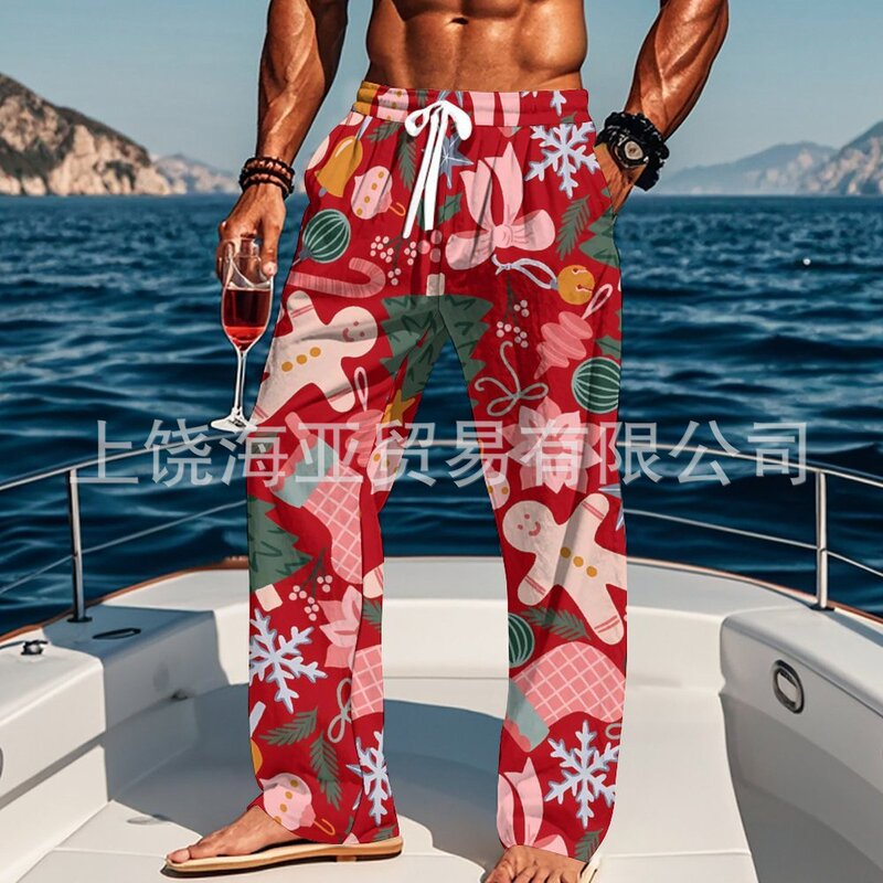 Cross-Border European Foreign Trade American Hot-Selling New Digital Printing Christmas Pattern Casual Men's Drawstring Trousers Straight Men's Trousers