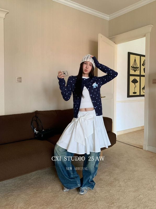 CXI 波点针织开衫女秋季新款叠穿设计感修身百搭长袖小个子外套|undefined
