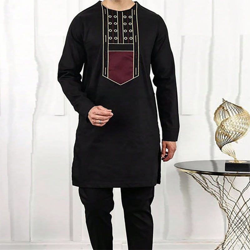 Men's Elegant Suit Pants Set Embroidered Round Neck Long Sleeve Solid Color Two-Piece Social African Ethnic Men's Style