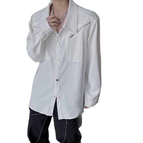 Designer Metal Zipper Decorated Long-Sleeve Shirt for Men, Trendy, Flowing, High-End, Casual and Cool Style