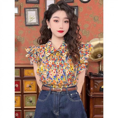 小城物語港風復古小飛袖砕花シャツ女装夏新高級感洋気減齢上着