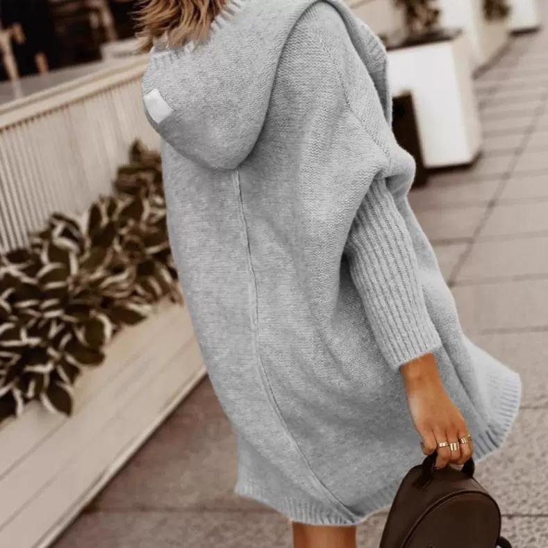 跨境2025外贸秋冬新款毛衣长款开衫翻领连帽长款毛线宽松针织外套