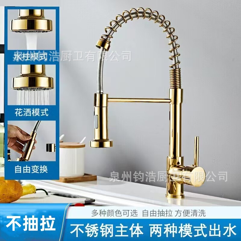 Spring Pull-Out Kitchen Faucet Black Foreign Trade Hot and Cold Sink Telescopic Electroplated Gold Sink Faucet