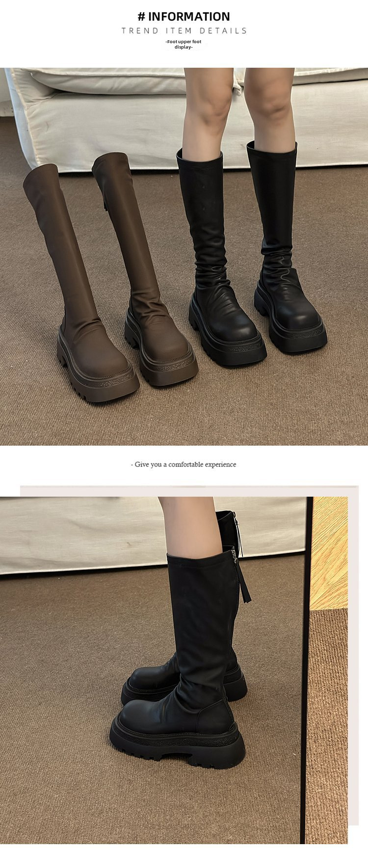 Moteriški storapadiai platforminiai aulinukai iki kelių 2023 m. rudens ir žiemos madingi klostuoti aulinukai iki kelių, ploni, elastingi aulinukai_voghion.com