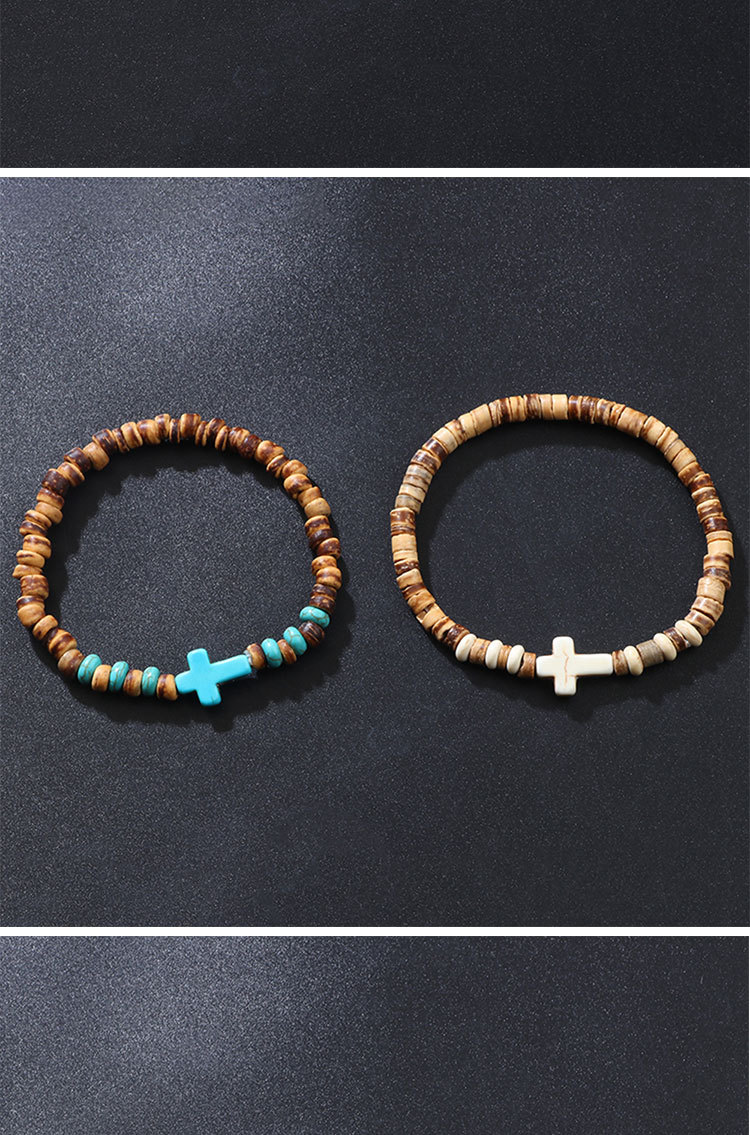 Casual Retro Cross Wooden Beads Turquoise Unisex Bracelets display picture 3