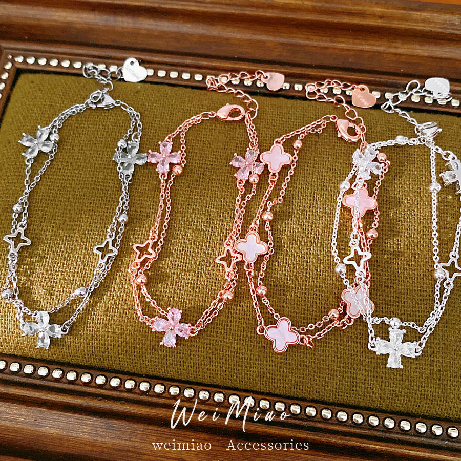 Flores de hierba afortunadas pulsera de doble capa ligera de lujo nicho pulsera de alta sensación temperamento diario joyas de moda al por mayor image 1