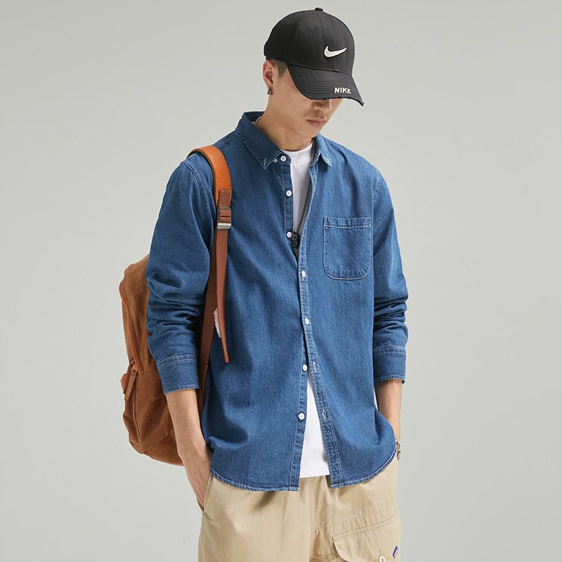 Весенняя мужская тонкая рубашка с отворотом джинсовая рубашка мужские длинные рукава американский оснастка ретро стирка хлопок повседневная мужская рубашка мужская
