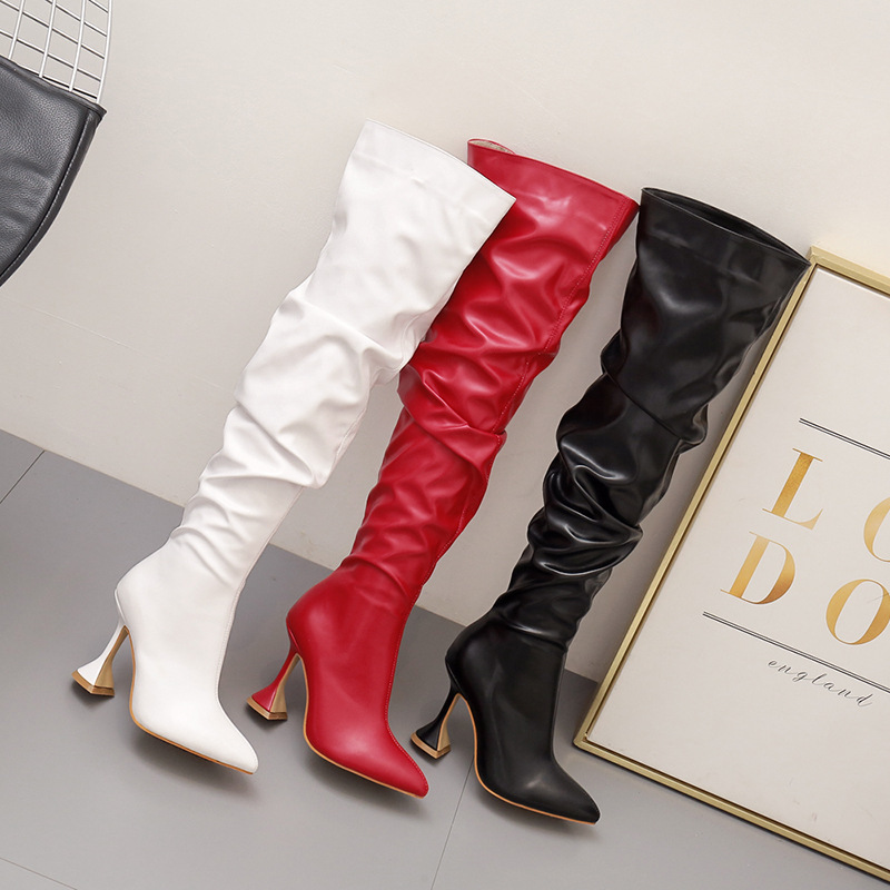 2021 cross-border new boots pointed-toe wine glass high heel knee-high boots leg repair slimming long pleated women's boots plus size