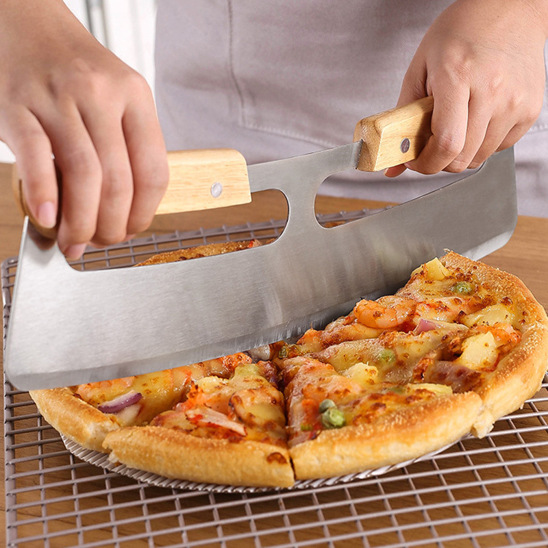 New Wooden Semi-Circular Pizza Roller Cutter Double Handle Easy Operation PP Protective Cover_voghion.com