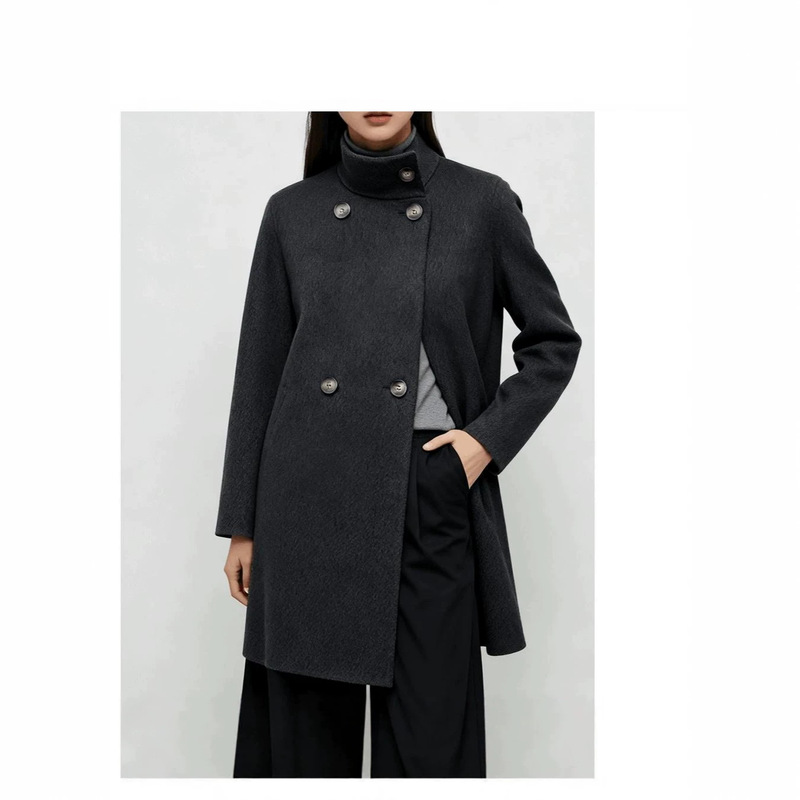 2026 New Winter Warm Sun Korean Style Straight Shoulder Stand Collar Fashionable and Elegant Camel Wool Dark Gray Woolen Coat