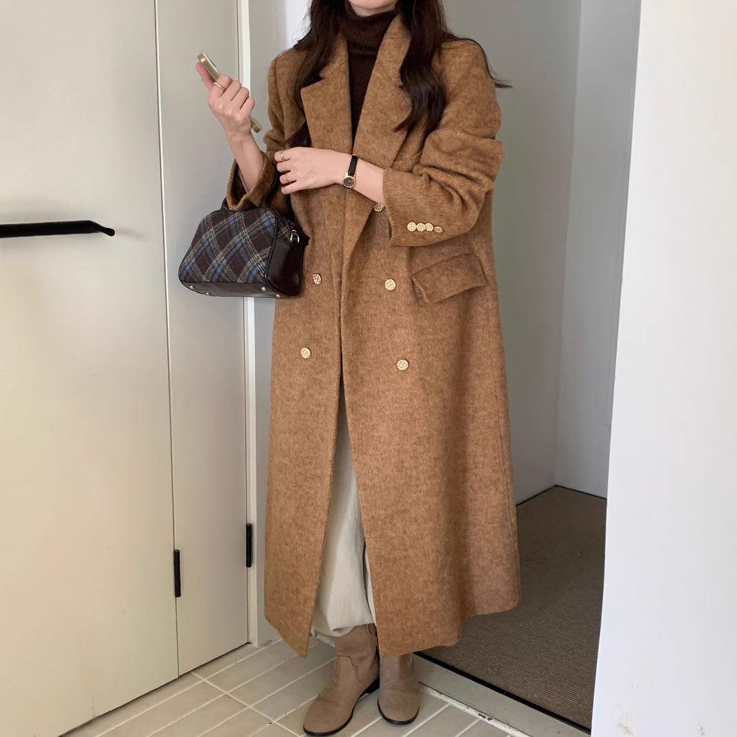 6807韩版日常通勤百搭羊毛兔绒大衣女秋冬新款保暖双排扣毛呢外套