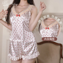 唯美纱冰丝睡衣纯欲甜美家居服套装带胸垫夏季少女吊带短裤家居服